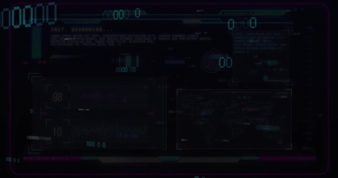 Displaying HUD on dark panel, with grid readouts, world map, globe, code scanning text, neon border