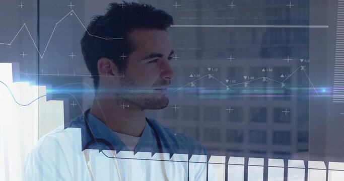 Gazing doctor in scrubs with stethoscope studying digital graphs at hospital window, copy space