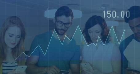 Standing group of four colleagues viewing smartphones in open-plan office, with line chart overlay
