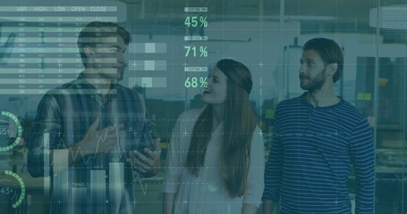 Three professionals reviewing semi-transparent digital data overlays in office, technical theme