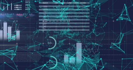 Displaying visualization on blue interface, with network mesh, bar charts, gauges and index table
