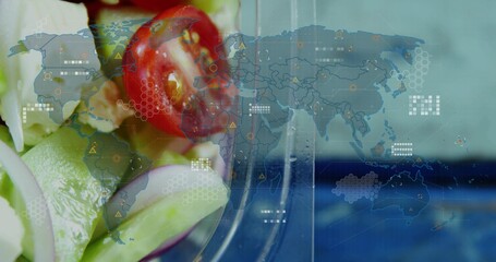 Displaying glass salad bowl on left in overlay with world map and data icons, copy space