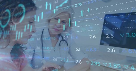 Analyzing data overlays with doctor wearing stethoscope and patient at clinic desk, copy space