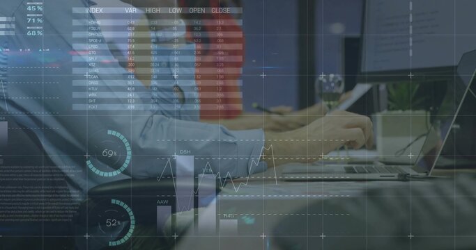 Analysts in business casual reviewing market data at office desk, with computer workstation, plant - Powered by Adobe