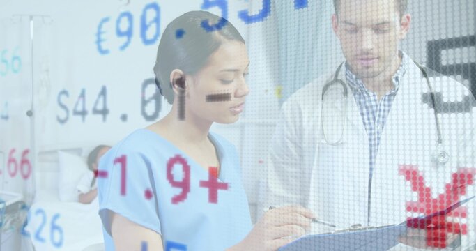 Discussing physician and patient reviewing clipboard details at hospital, with financial overlay