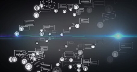Showing chat bubbles and circular avatar icons drifting in digital space, featuring blue lens flare