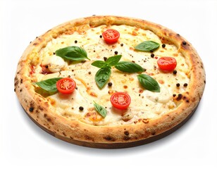 Delicious Margherita Pizza with Fresh Basil and Cherry Tomatoes on White Background.