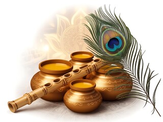 Obraz premium Traditional indian religious objects including a flute pots of offerings and a peacock feather