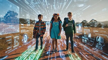A group of children walks through a colorful school hallway, filled with laughter. They venture outside and enter a creative digital world, showcasing their imagination and friendship. - Powered by Adobe