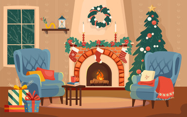 Christmas interior with cozy fireplace, decorated tree, stockings, gifts and two retro armchair Festive holiday design full of comfort and joy Xmas home vector illustration for greeting cards, banners