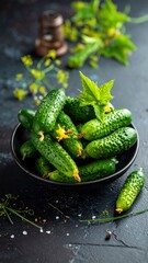 Fresh Pickled Cucumbers in a Bowl with Dill and Spices.
