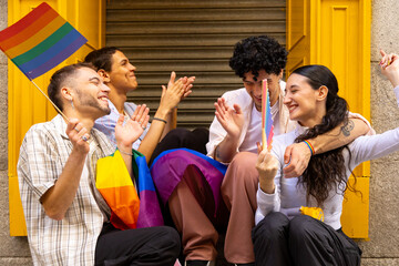 Diverse friends celebrating lgbtq plus pride event together