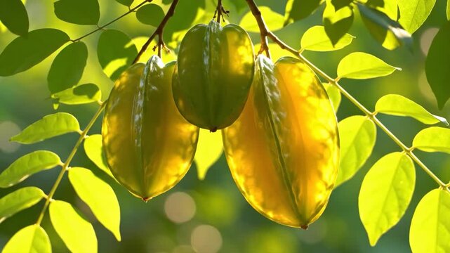 Star Fruit Cascade Tropical Delight Hanging in Lush Green Canopy.