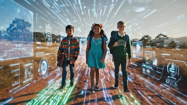 A group of children walks through a colorful school hallway, filled with laughter. They venture outside and enter a creative digital world, showcasing their imagination and friendship. - Powered by Adobe