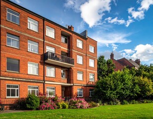 Apartment Building Exterior with Balconies and Green Lawn.