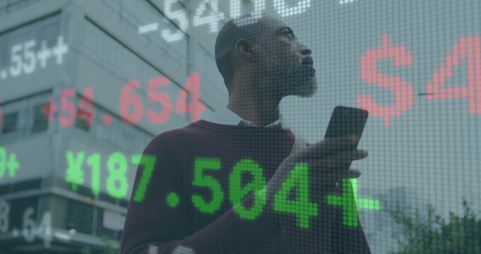 Analyzing executive in burgundy sweater scanning at urban plaza, with ticker overlay and smartphone