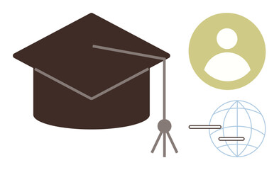 Graduation cap, user profile icon, and globe with connections representing education, online learning, global reach, networking, knowledge sharing, academic achievement career growth. Clean flat