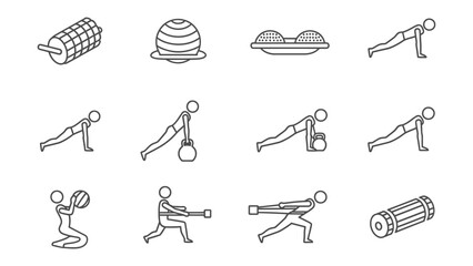 Workout tools with Icons: A collection of various workout tools illustrated, offering a visual guide to physical fitness and exercise routines.