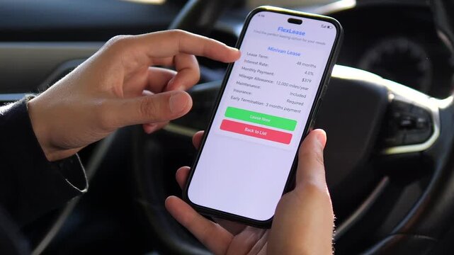A potential customer examines minivan leasing conditions on his smartphone while in a parked vehicle, scrolling through the offer details and considering the Apply for Lease option. 