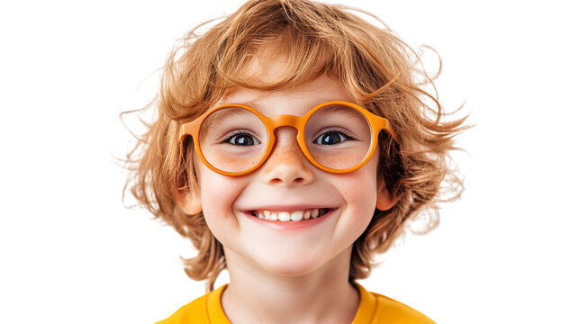 Cheerful kid smiles with retro style glasses, isolated on white background