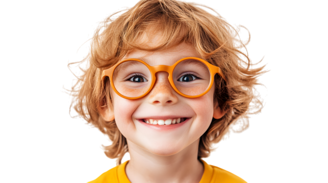 Cheerful kid smiles with retro style glasses, isolated on white background