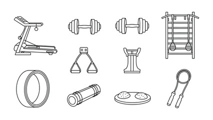 Gym Equipment Collection: An assortment of essential gym equipment, each piece meticulously outlined, forming a complete toolkit for fitness enthusiasts. The illustration showcases a treadmill.