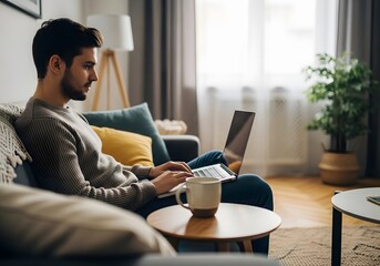 Man working on laptop on couch in cozy living room
