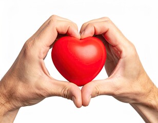 Hands forming heart shape holding red heart on white background.