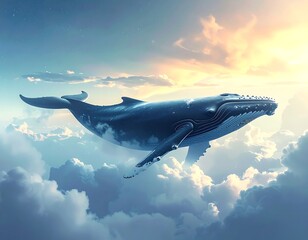 A serene whale floats among fluffy clouds under a warm, radiant sunlight, fantasy and surreal illustration