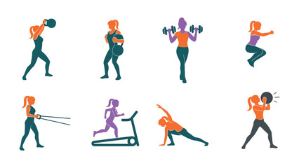 Fototapeta premium Active Women's Workout: a set of illustrations, showcasing active women during exercise routines, emphasizing the vitality of fitness, healthy lifestyle and determination.