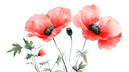 Obraz premium Poppies bloom gracefully, capturing natural beauty, isolated on white background.