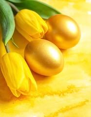 Golden Easter Eggs and Yellow Tulips - A Symbol of Spring.