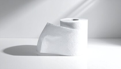 A white textured roll of toilet paper stands against a white background with soft, light shadows