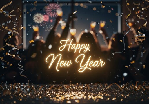 Celebrate a joyous New Year with friends and festive confetti, raise a glass to new beginnings and vibrant fireworks illuminating the night sky, perfect for holiday promotions - Powered by Adobe