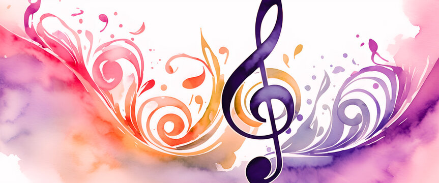 Artistic treble clef with swirling watercolor patterns. Colorful music illustration with red orange and purple tones. Symbolizing the beauty and joy of music. 