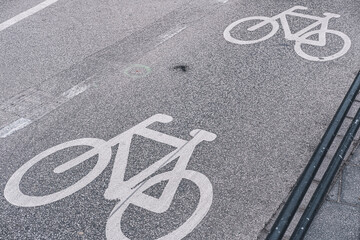 bicycle Copenhagen Denmark lane marking asphalt street infrastructure mobility sustainable design symbols on road describing cycling network and safety planning in Scandinavian cities.