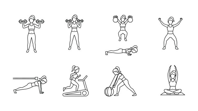 Fitness Workout Icons: A comprehensive set of fitness workout icons depicting various exercises for a healthy lifestyle. Designed in a sleek, monochrome style.