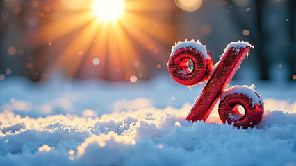 Red percentage sign on snow background outdoor, glitter and snowflakes and sun rays. Winter sale and discounts, Black Friday, New Year, Christmas. banner, flyer with copy space. 