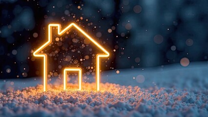 Transparent gold luminous symbol of house on snow and snowy background with golden glitter. Real estate, realtor, mortgage, insurance, booking, wintering, insulation, heating