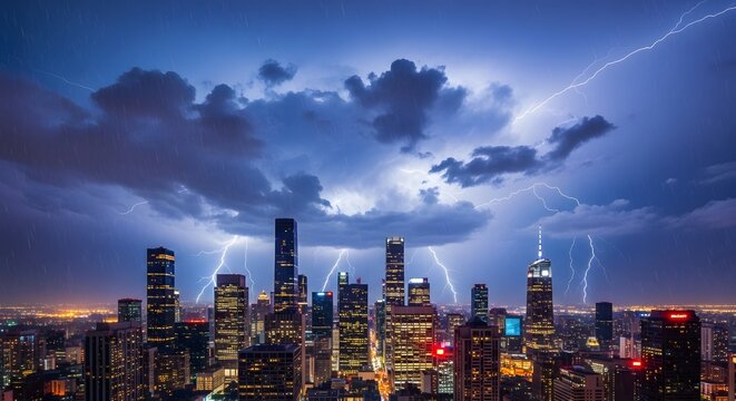 Spectacular lightning storm illuminates a modern city skyline at night - Powered by Adobe