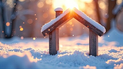 Cozy frame tiny house on snow and snowy background in sun rays, with Christmas decor. Real estate, realtor, mortgage, insurance, booking, wintering, insulation, heating. 