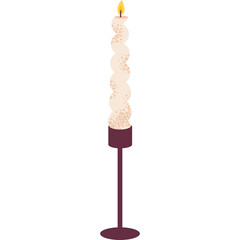 Tall Twisted Cream Candle with Textured Wicks Burning Brightly on a Dark Red Candlestick Holder Isolated on White Background