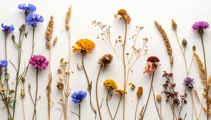 Dried Wildflower Arrangement on White Background - A Botanical Still Life.
