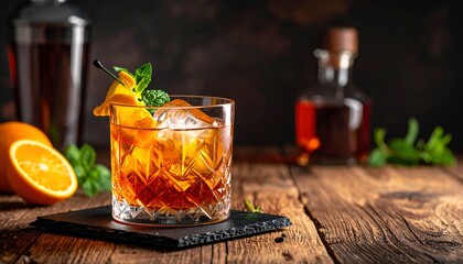 Classic Old Fashioned Cocktail with Orange Peel and Ice.