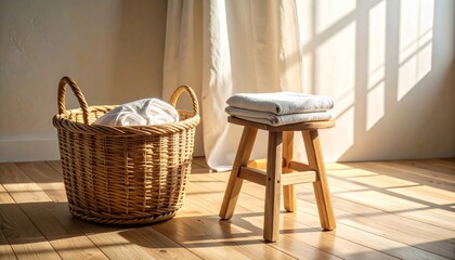Warm Interior with Wicker Laundry Basket and Stacked Towels on Wooden Stool