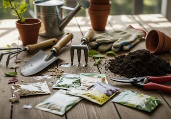 Get ready for spring with this charming gardening scene including tools, seeds, soil, and watering can for lifestyle blogs, garden centers, and home improvement projects