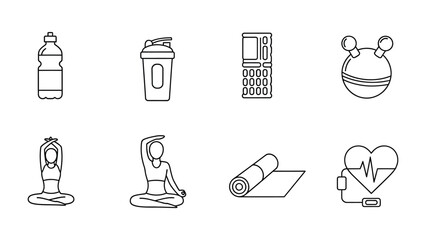 Fitness Icons: A collection of minimalist line art icons representing essential elements of fitness and well-being. Includes yoga, shaker bottle and heart rate monitor.