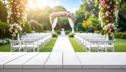 Fototapeta premium Place for wedding ceremony with wedding arch decorated with flowers and white chairs on each side o 