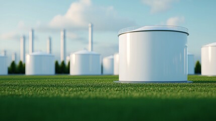 Fototapeta premium Wide horizon shot of hydrogen and biofuel energy plant near airport runway. 