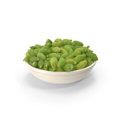 Cardamom pods in white bowl isolated on transparent background, PNG
